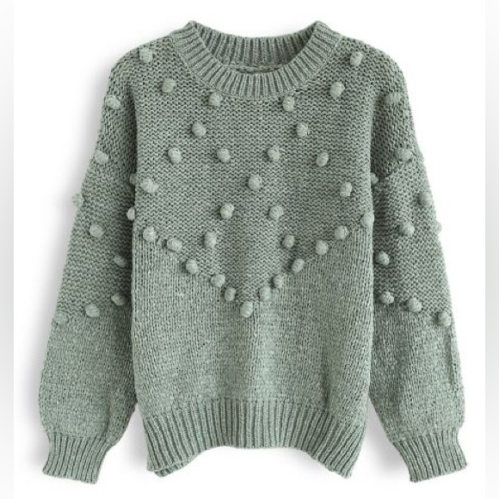 Chicwish Pom-Pom Textured Trim Chunky Knit Sweater in Sage Green Size S/M